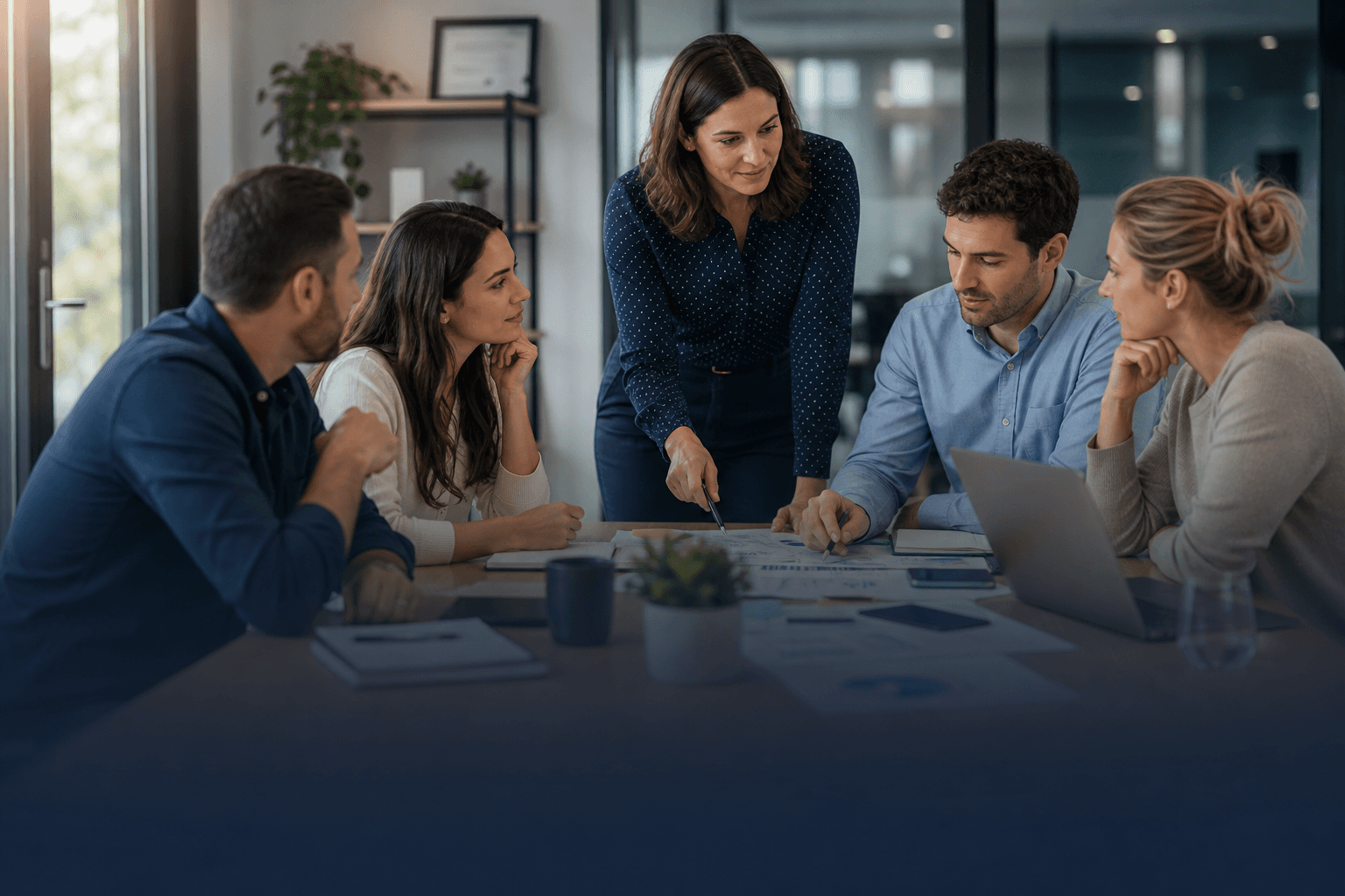 Equipo profesional colaborando en una reunión de gestión del talento