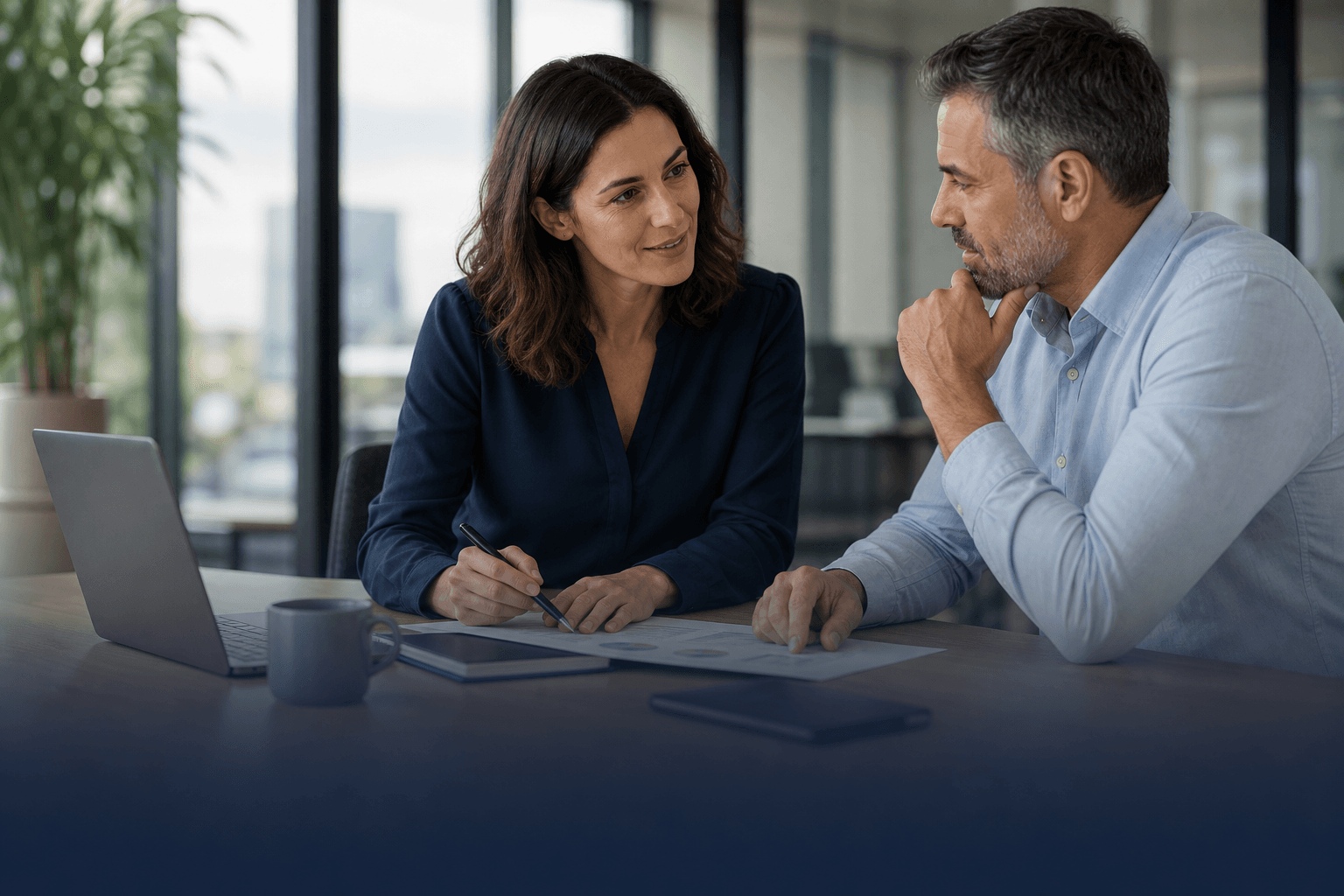 Consultora escuchando con empatía en una reunión profesional