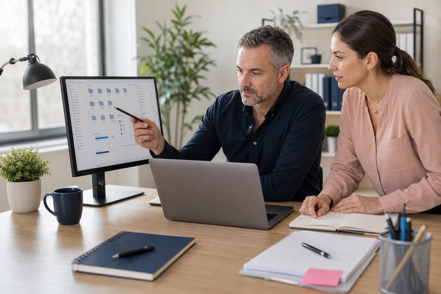 Profesionales organizando archivos y activos digitales